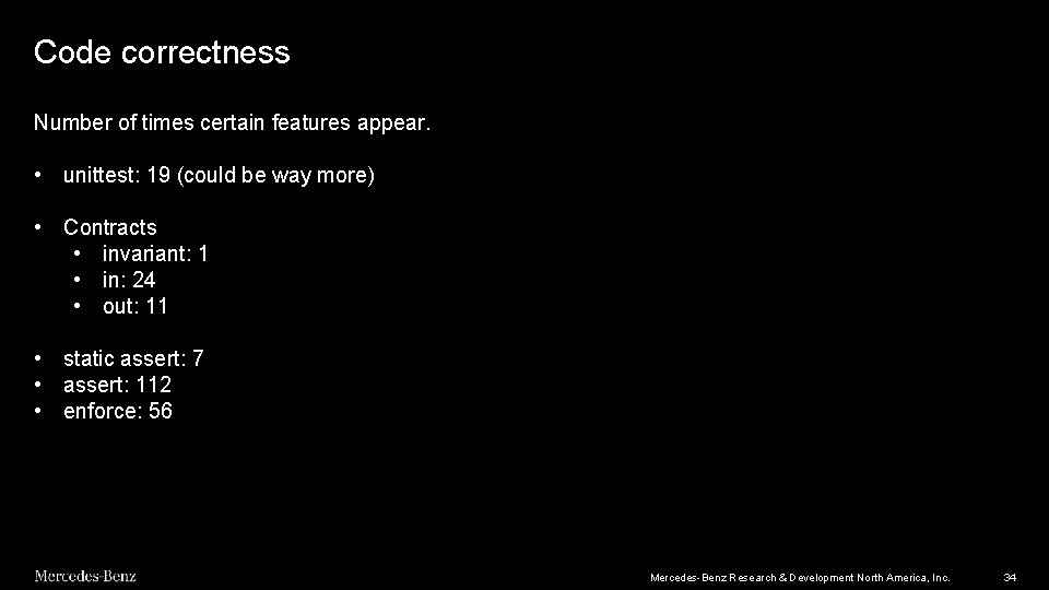 Code correctness Number of times certain features appear. • unittest: 19 (could be way Code correctness Number of times certain features appear. • unittest: 19 (could be way