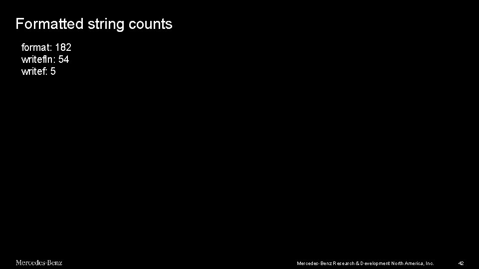 Formatted string counts format: 182 writefln: 54 writef: 5 Mercedes-Benz Research & Development North Formatted string counts format: 182 writefln: 54 writef: 5 Mercedes-Benz Research & Development North