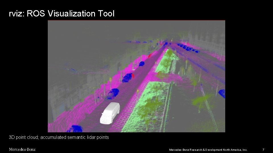 rviz: ROS Visualization Tool 3 D point cloud; accumulated semantic lidar points Mercedes-Benz Research rviz: ROS Visualization Tool 3 D point cloud; accumulated semantic lidar points Mercedes-Benz Research