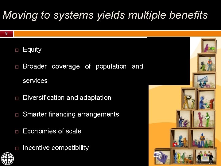 Moving to systems yields multiple benefits 9 Equity Broader coverage of population and services