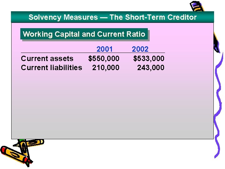 Solvency Measures — The Short-Term Creditor Working Capital and Current Ratio 2001 Current assets
