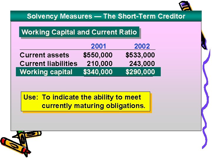 Solvency Measures — The Short-Term Creditor Working Capital and Current Ratio 2001 Current assets