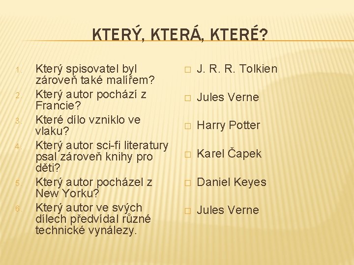 KTERÝ, KTERÁ, KTERÉ? 1. 2. 3. 4. 5. 6. Který spisovatel byl zároveň také