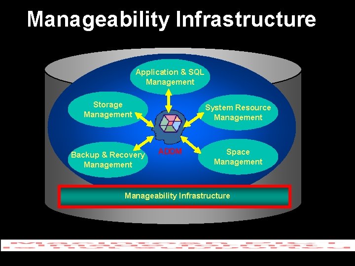 Manageability Infrastructure Application & SQL Management Storage Management Backup & Recovery Management System Resource