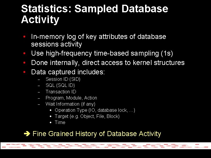 Statistics: Sampled Database Activity • In-memory log of key attributes of database sessions activity