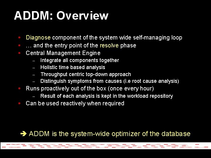 ADDM: Overview Diagnose component of the system wide self-managing loop … and the entry