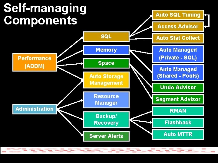 Self-managing Components Performance (ADDM) Auto SQL Tuning Access Advisor SQL Auto Stat Collect Memory