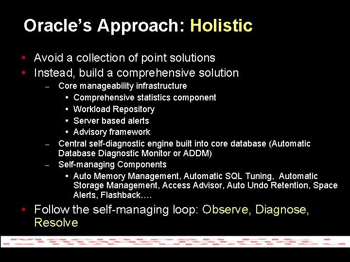 Oracle’s Approach: Holistic Avoid a collection of point solutions Instead, build a comprehensive solution