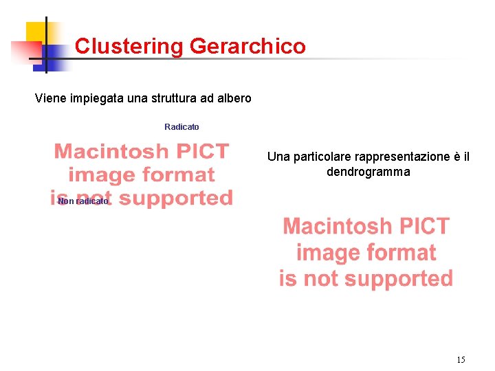 Clustering Gerarchico Viene impiegata una struttura ad albero Radicato Una particolare rappresentazione è il