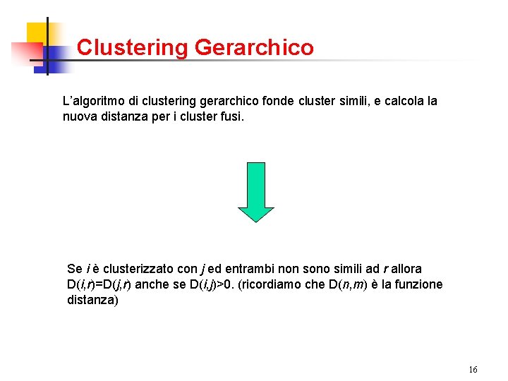 Clustering Gerarchico L’algoritmo di clustering gerarchico fonde cluster simili, e calcola la nuova distanza