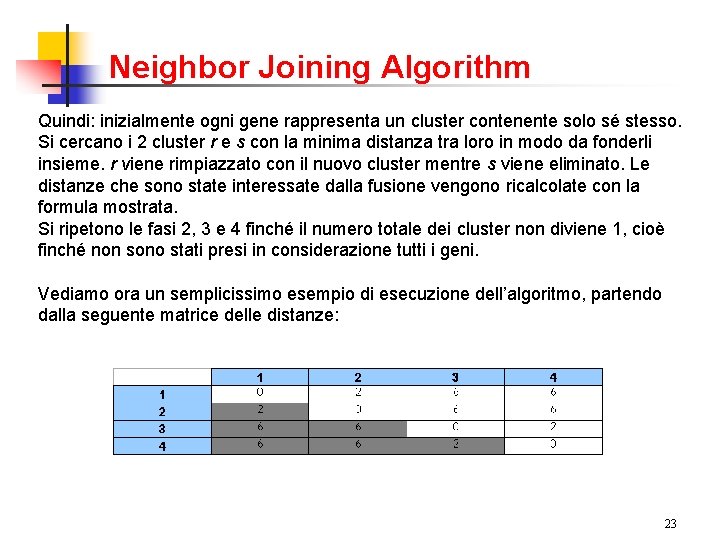 Neighbor Joining Algorithm Quindi: inizialmente ogni gene rappresenta un cluster contenente solo sé stesso.