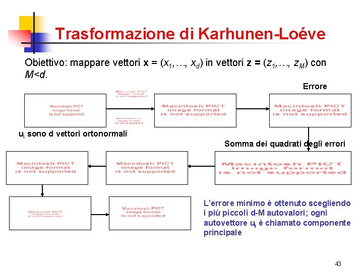 Trasformazione di Karhunen-Loéve Obiettivo: mappare vettori x = (x 1, …, xd) in vettori