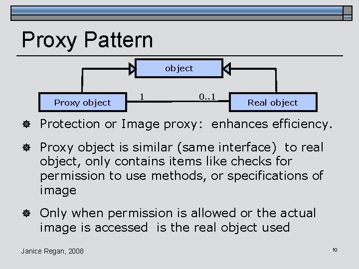Proxy Pattern object Proxy object 1 0. . 1 Real object ] Protection or