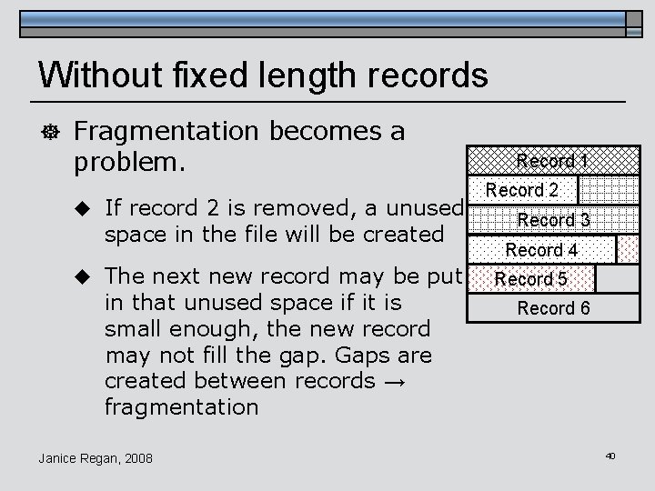 Without fixed length records ] Fragmentation becomes a problem. u If record 2 is