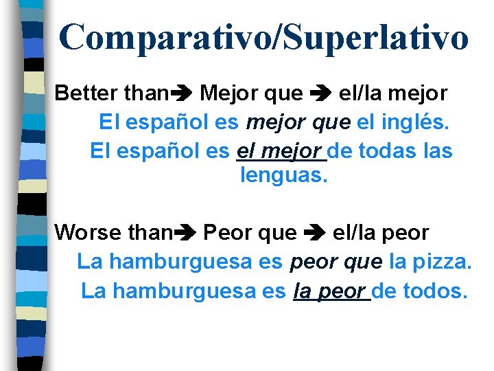Comparativo/Superlativo Better than Mejor que el/la mejor El español es mejor que el inglés.