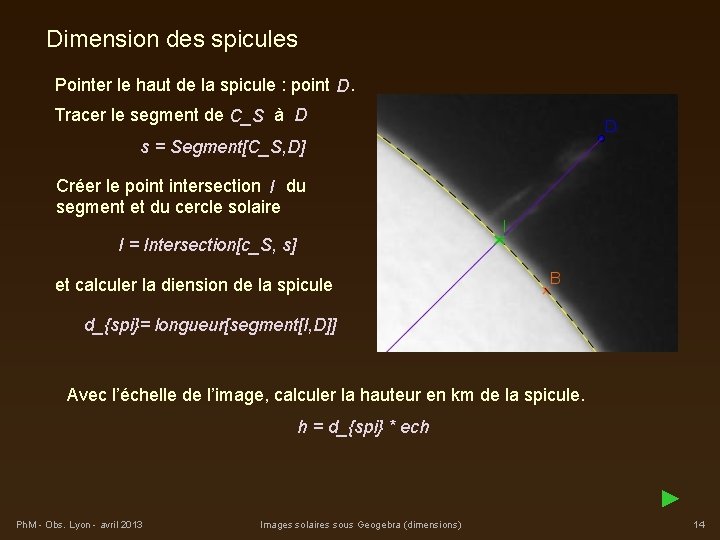 Dimension des spicules Pointer le haut de la spicule : point . D D