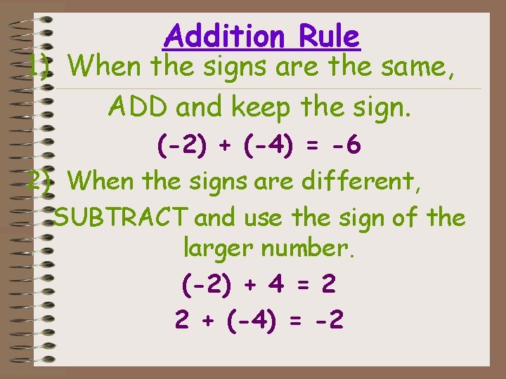 Addition Rule 1) When the signs are the same, ADD and keep the sign.