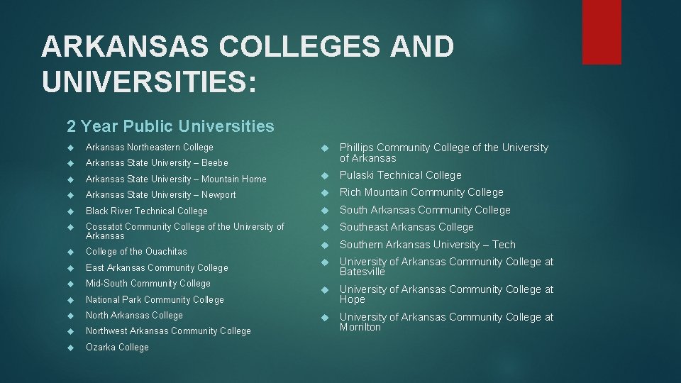 ARKANSAS COLLEGES AND UNIVERSITIES: 2 Year Public Universities Phillips Community College of the University