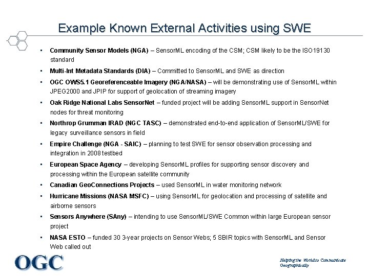 Example Known External Activities using SWE • Community Sensor Models (NGA) – Sensor. ML