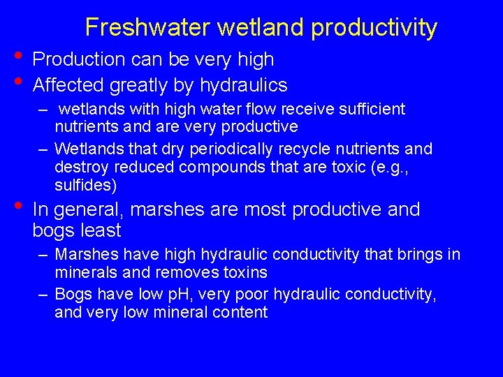 Freshwater wetland productivity • Production can be very high • Affected greatly by hydraulics