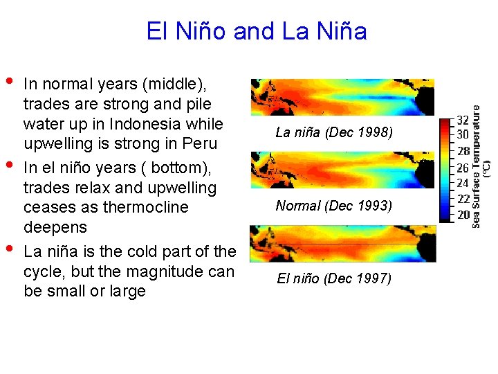El Niño and La Niña • • • In normal years (middle), trades are