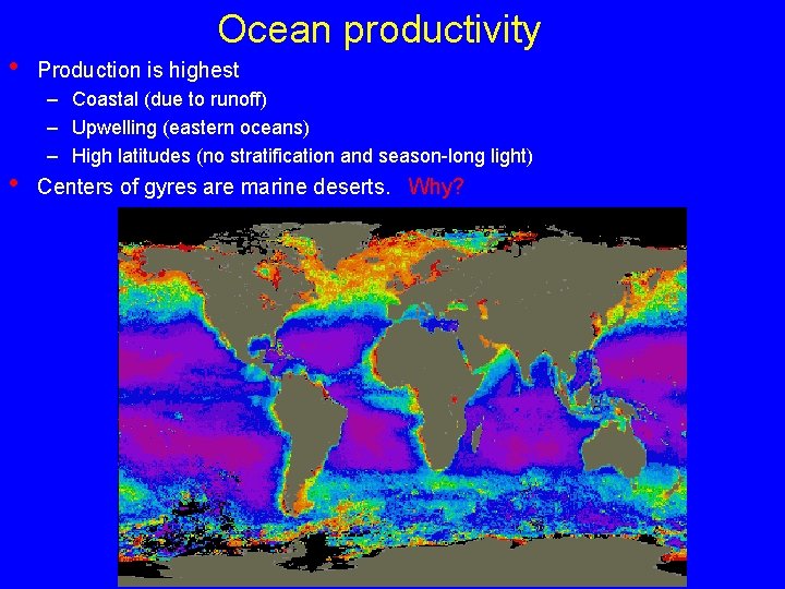  • • Ocean productivity Production is highest – Coastal (due to runoff) –