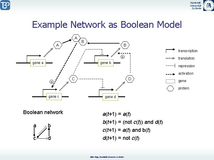 Humboldt. Universität Zu Berlin Example Network as Boolean Model A A B B transcription