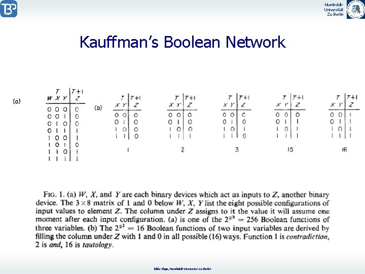 Humboldt. Universität Zu Berlin Kauffman’s Boolean Network Edda Klipp, Humboldt-Universität zu Berlin 