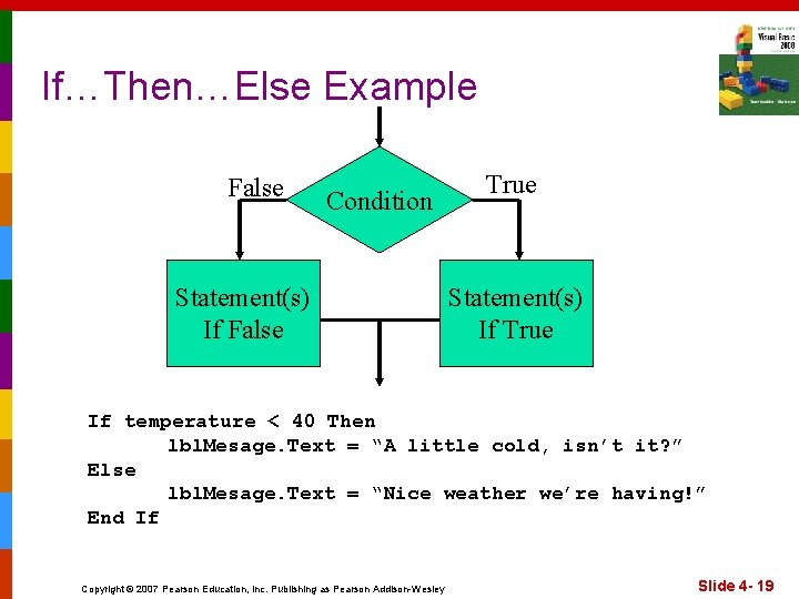 If…Then…Else Example False Condition Statement(s) If False True Statement(s) If True If temperature <