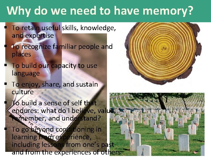 Why do we need to have memory? § To retain useful skills, knowledge, and