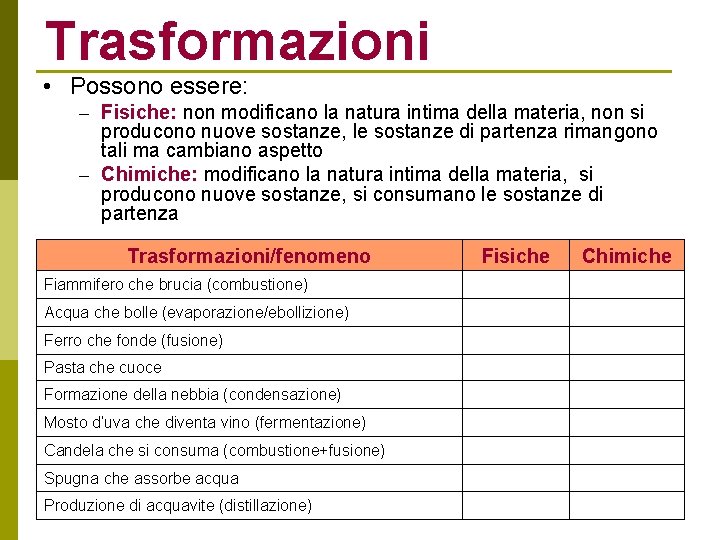 Trasformazioni • Possono essere: – Fisiche: non modificano la natura intima della materia, non