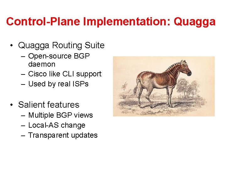 Control-Plane Implementation: Quagga • Quagga Routing Suite – Open-source BGP daemon – Cisco like