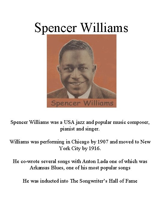 Spencer Williams was a USA jazz and popular music composer, pianist and singer. Williams