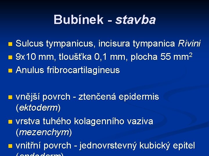 Bubínek - stavba Sulcus tympanicus, incisura tympanica Rivini n 9 x 10 mm, tloušťka