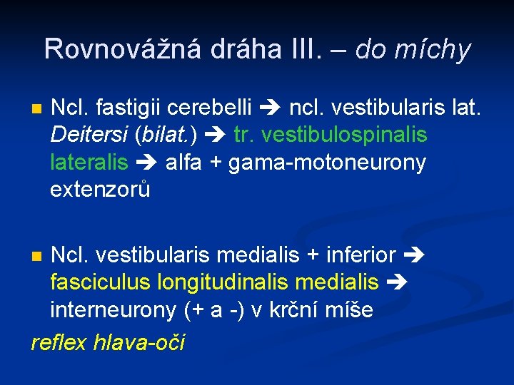 Rovnovážná dráha III. – do míchy n Ncl. fastigii cerebelli ncl. vestibularis lat. Deitersi