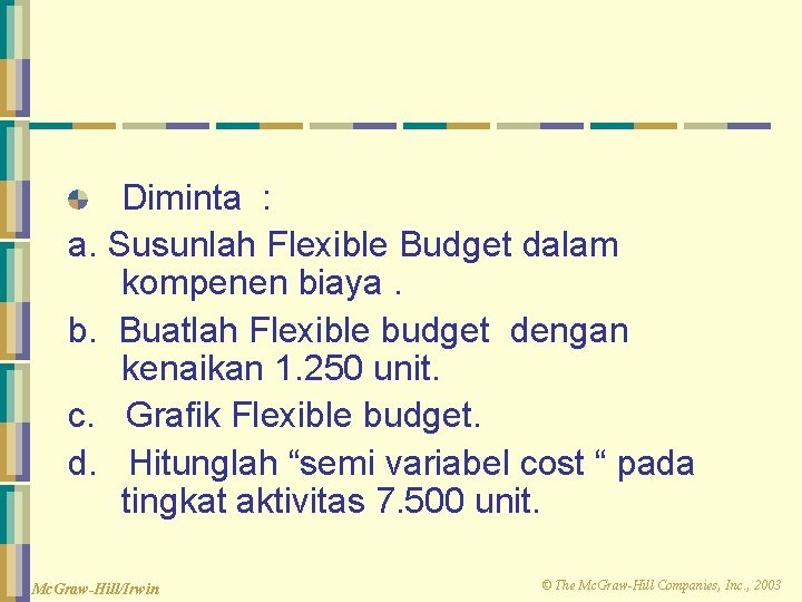 Diminta : a. Susunlah Flexible Budget dalam kompenen biaya. b. Buatlah Flexible budget dengan