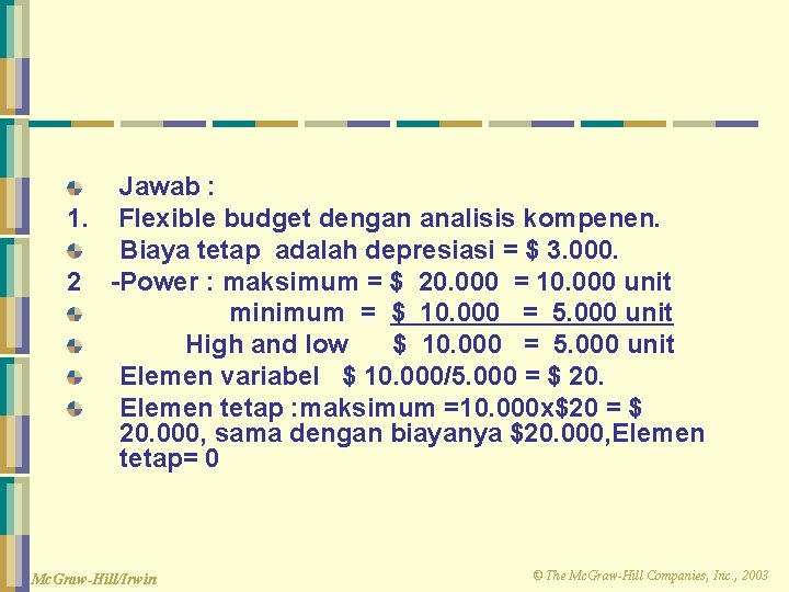 Jawab : 1. Flexible budget dengan analisis kompenen. Biaya tetap adalah depresiasi = $