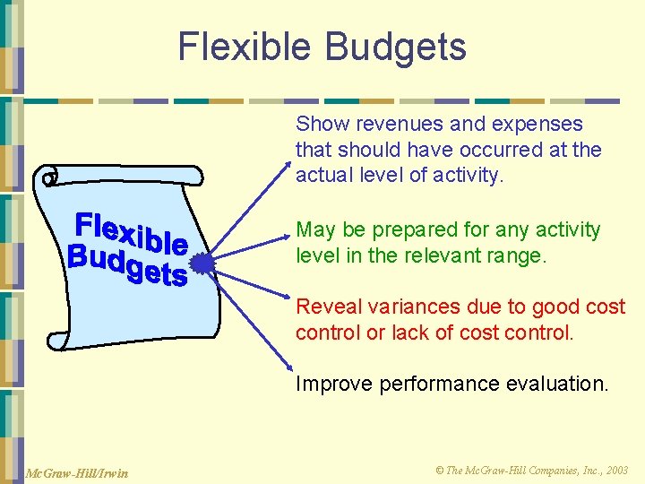 Flexible Budgets Show revenues and expenses that should have occurred at the actual level