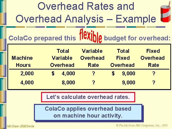 Overhead Rates and Overhead Analysis – Example Cola. Co prepared this Machine Hours 2,