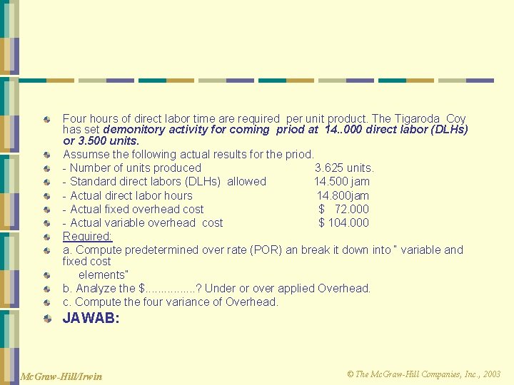 Four hours of direct labor time are required per unit product. The Tigaroda Coy