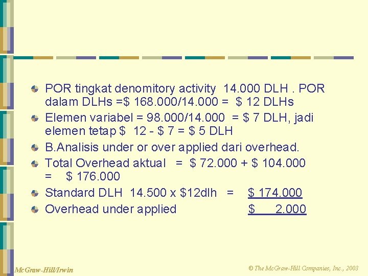 POR tingkat denomitory activity 14. 000 DLH. POR dalam DLHs =$ 168. 000/14. 000