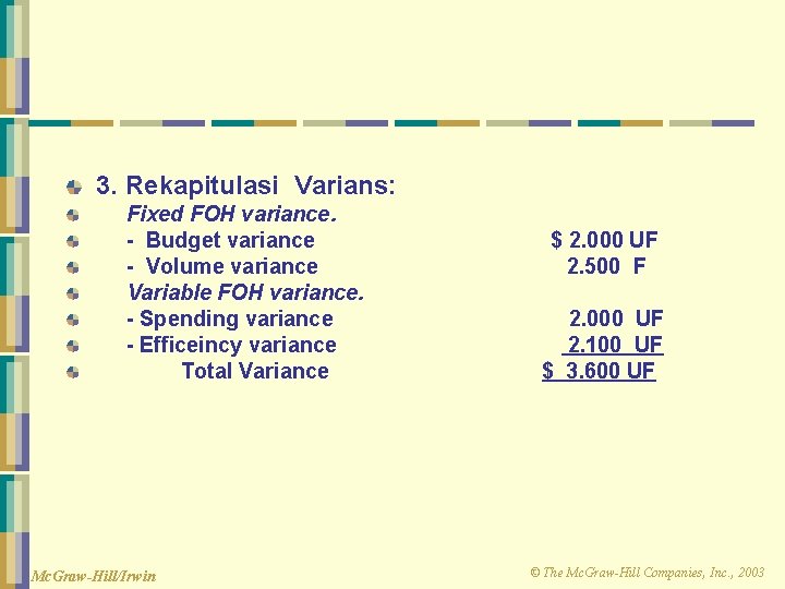 3. Rekapitulasi Varians: Fixed FOH variance. - Budget variance - Volume variance Variable FOH