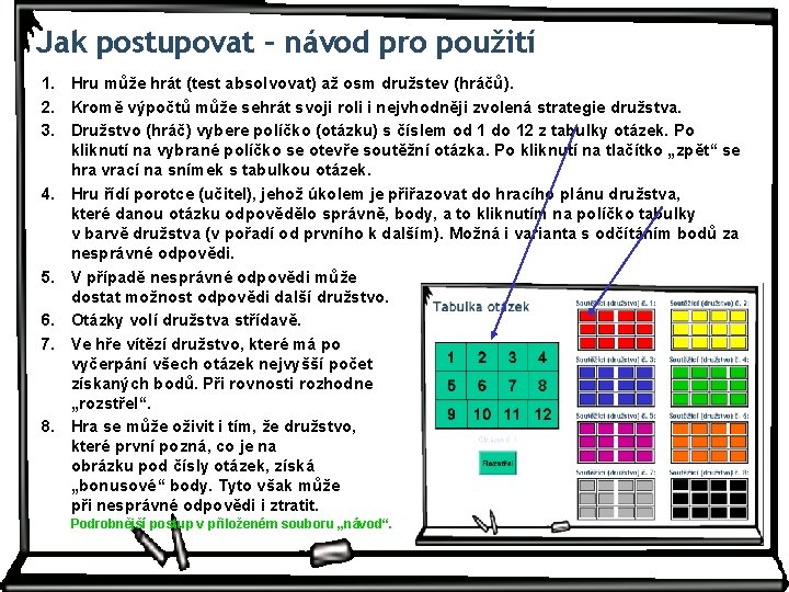 Jak postupovat – návod pro použití 1. Hru může hrát (test absolvovat) až osm