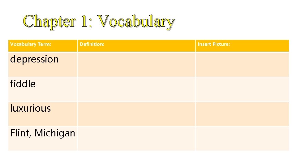 Chapter 1: Vocabulary Term: depression fiddle luxurious Flint, Michigan Definition: Insert Picture: 