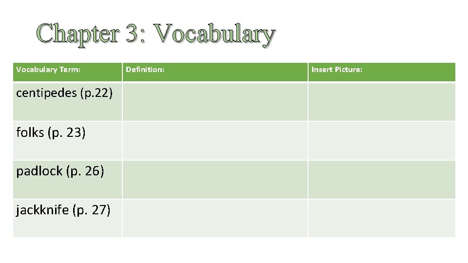 Chapter 3: Vocabulary Term: centipedes (p. 22) folks (p. 23) padlock (p. 26) jackknife