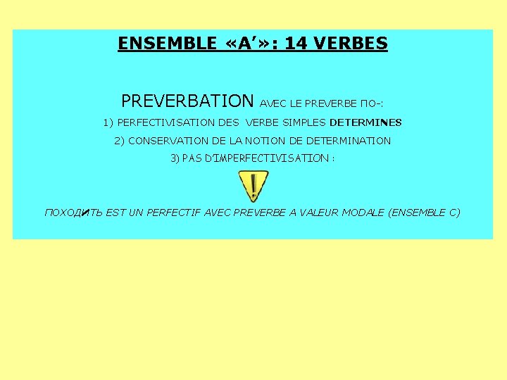 ENSEMBLE «A’» : 14 VERBES PREVERBATION AVEC LE PREVERBE ПО-: 1) PERFECTIVISATION DES VERBE