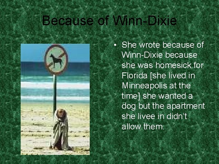 Because of Winn-Dixie • She wrote because of Winn-Dixie because she was homesick for