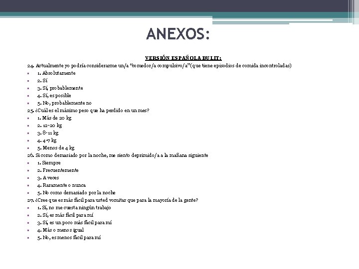 ANEXOS: VERSIÓN ESPAÑOLA BULIT: 24. Actualmente yo podría considerarme un/a “comedor/a compulsivo/a” (que tiene