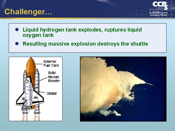 Challenger… l Liquid hydrogen tank explodes, ruptures liquid oxygen tank l Resulting massive explosion