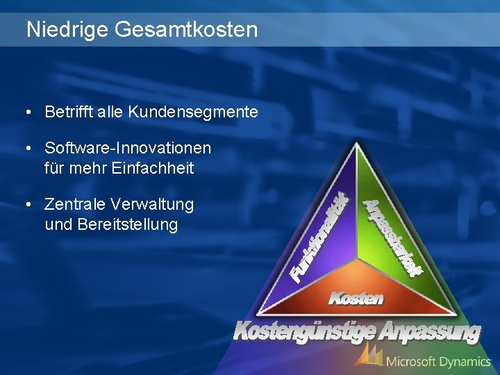 Niedrige Gesamtkosten • Betrifft alle Kundensegmente • Software-Innovationen für mehr Einfachheit • Zentrale Verwaltung
